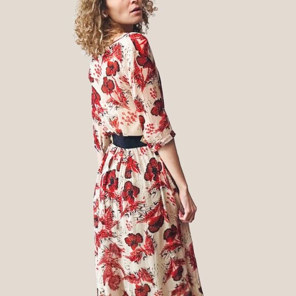 MAX&Co. Re-Edit Sheer Floral Midi Dress – Small – Beige Red Print – $395 - Picture 3 of 9